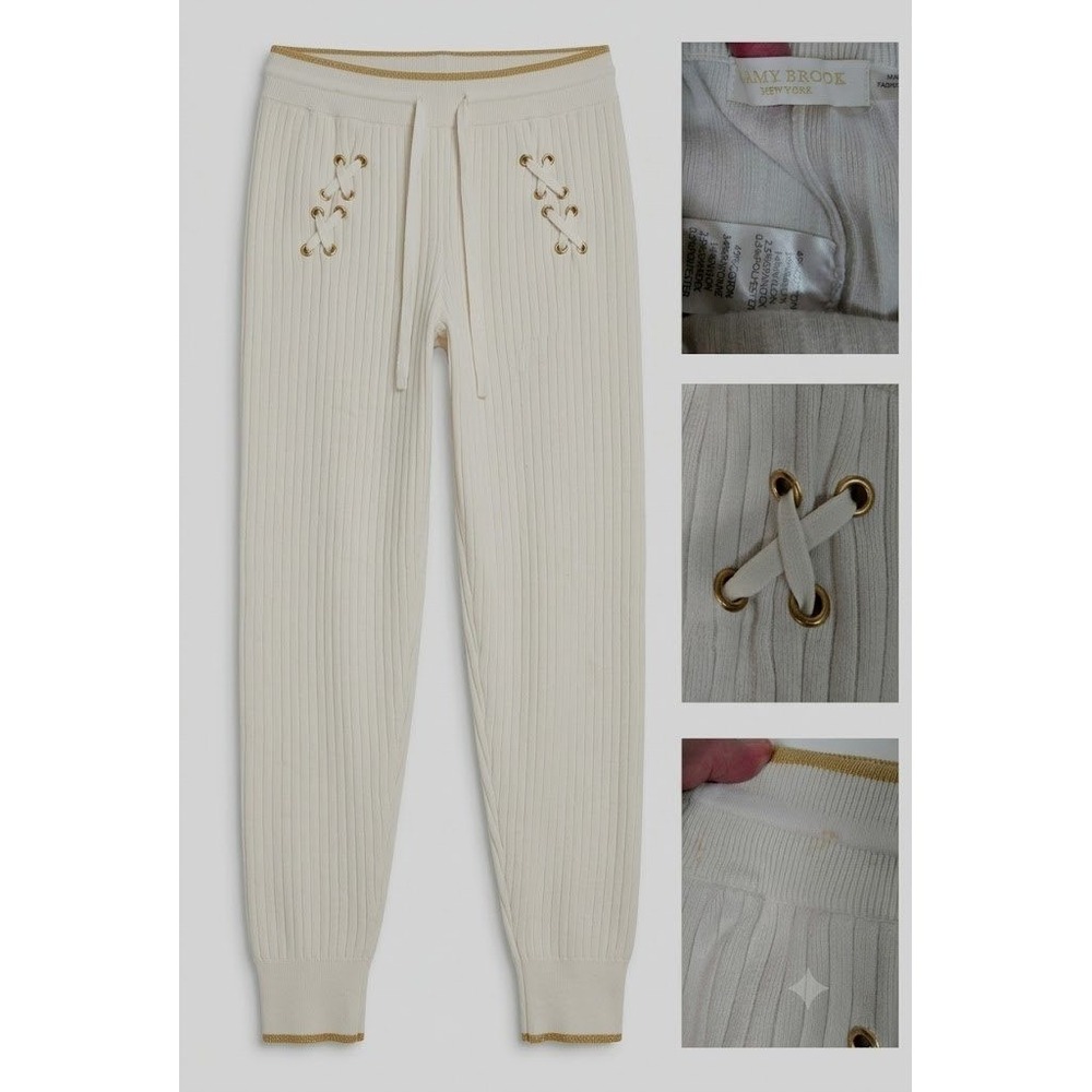 Ramy Brook New York Pants Medium M Cream Ribbed Knit Lace Up Joggers Gold Trim